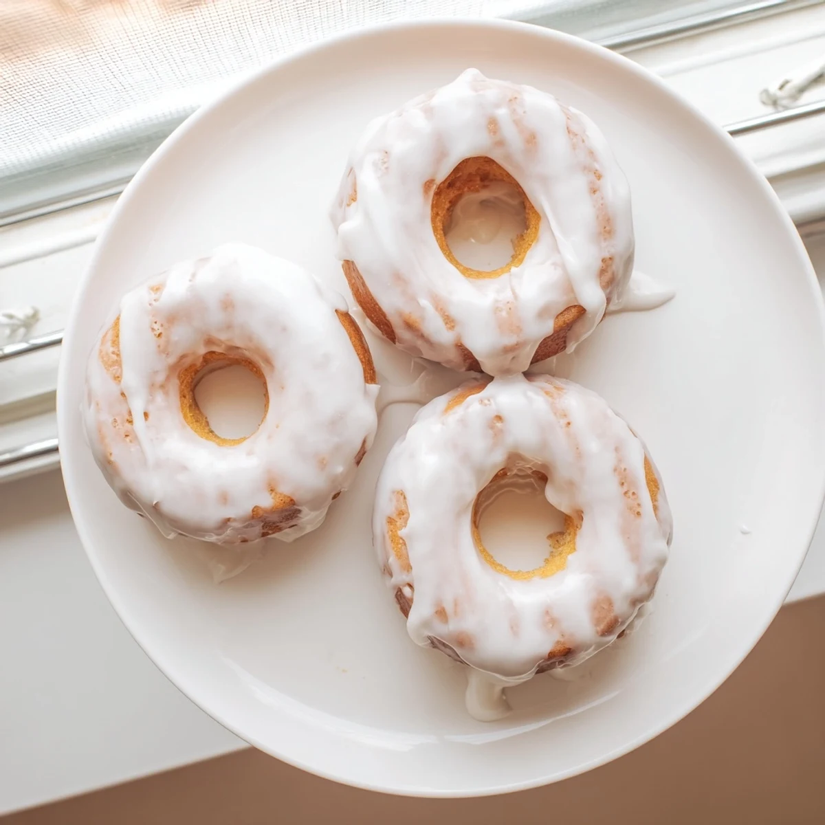 A plate of moist Greek yogurt cake donuts drizzled with white icing and colorful sprinkles