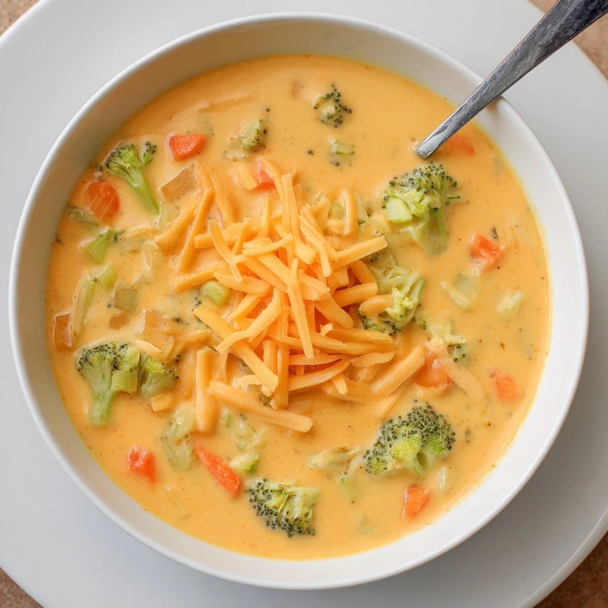 Rich and velvety slow cooker broccoli cheddar soup topped with melted shredded cheese