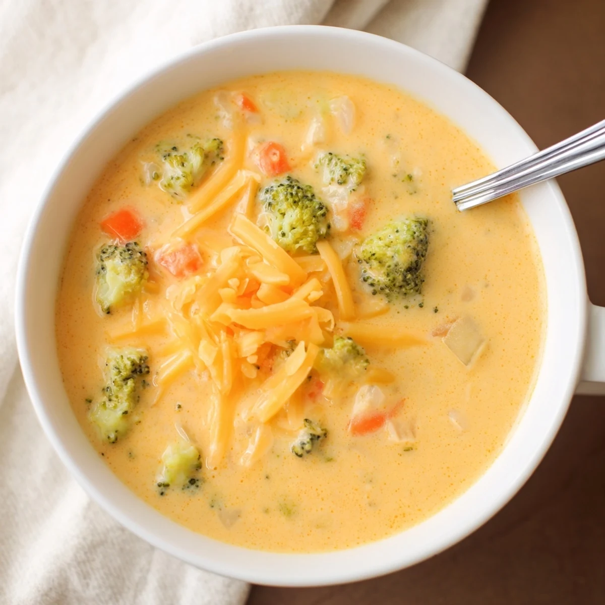 Comforting bowl of creamy broccoli cheddar soup garnished with crusty bread for dipping