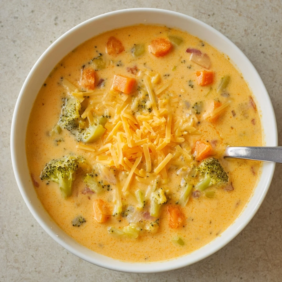 Golden slow cooker broccoli cheddar soup with tender broccoli florets in a smooth cheese base