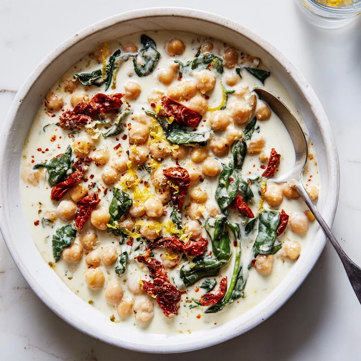 Creamy Marry Me Chickpeas simmered with sun-dried tomatoes, spinach, and aromatic herbs in a rich sauce