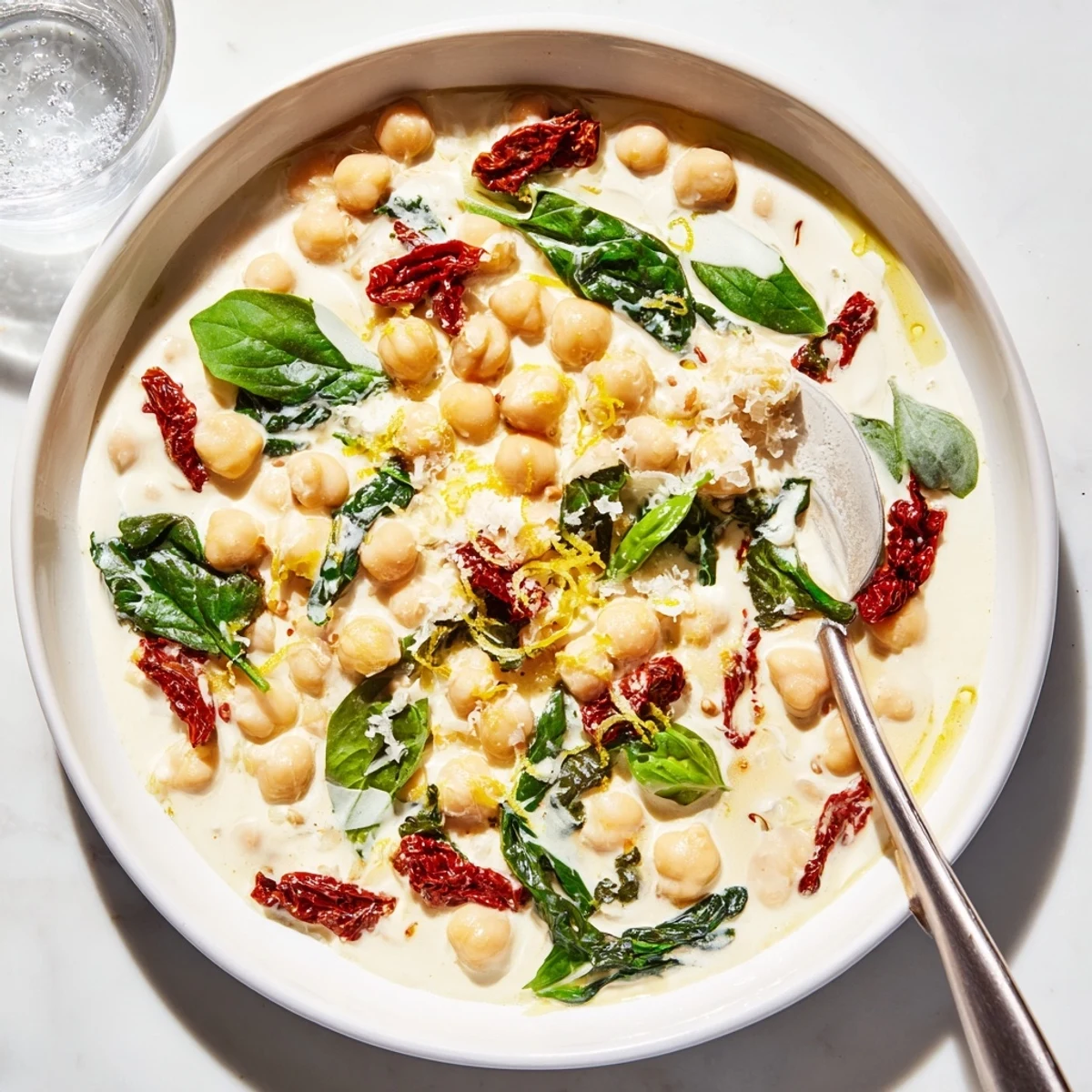 Golden chickpeas swimming in a velvety cream sauce with sun-dried tomatoes and wilted fresh spinach