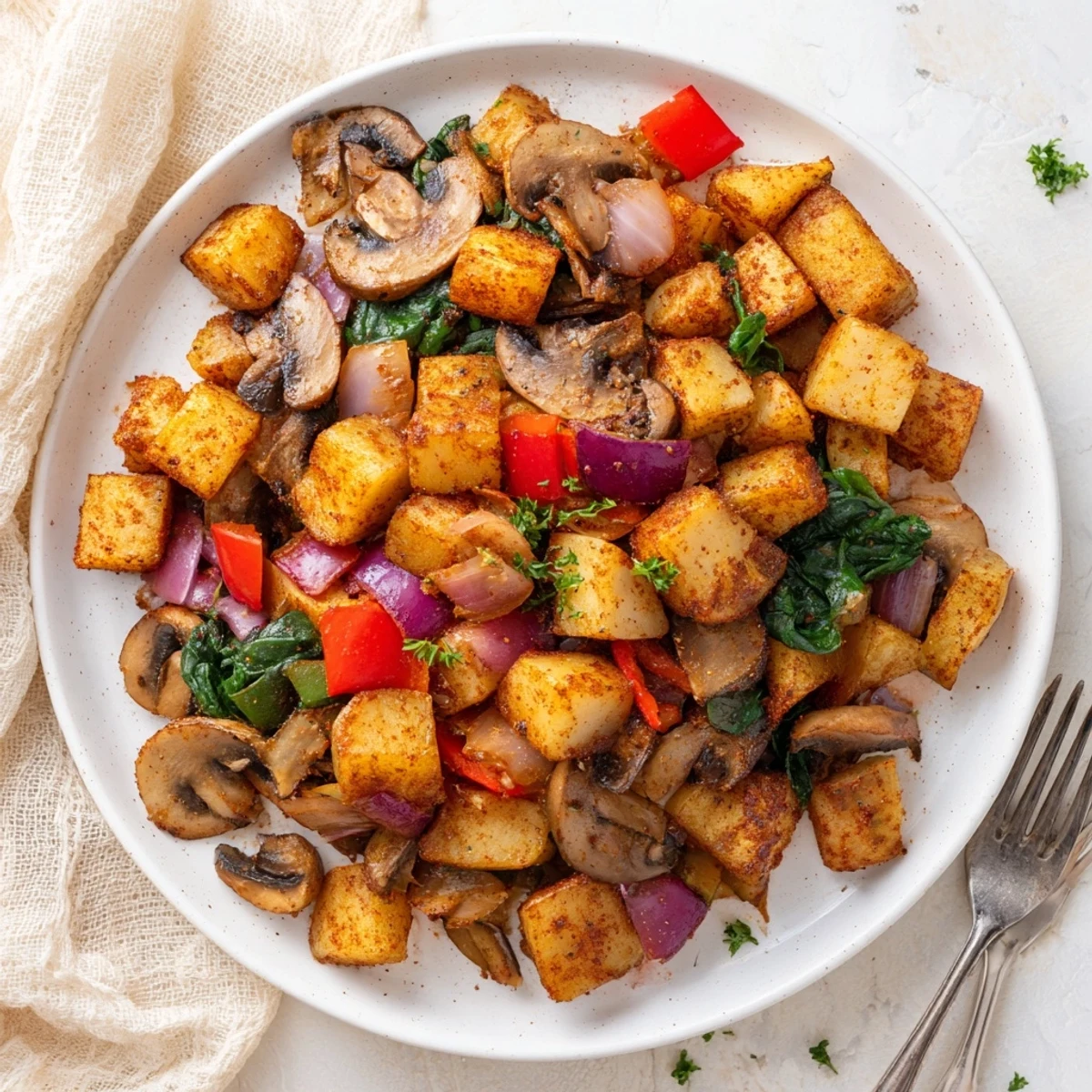 Golden crispy vegan breakfast hash with colorful peppers and onions in a skillet