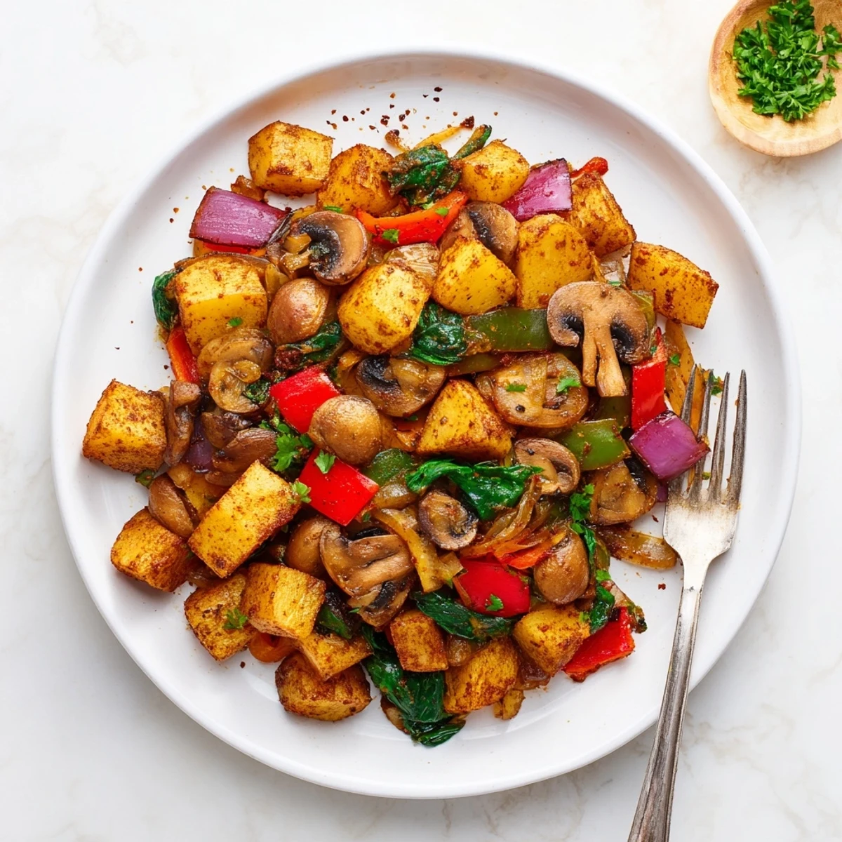 Sizzling skillet of flavorful vegan breakfast hash topped with parsley and vibrant vegetables