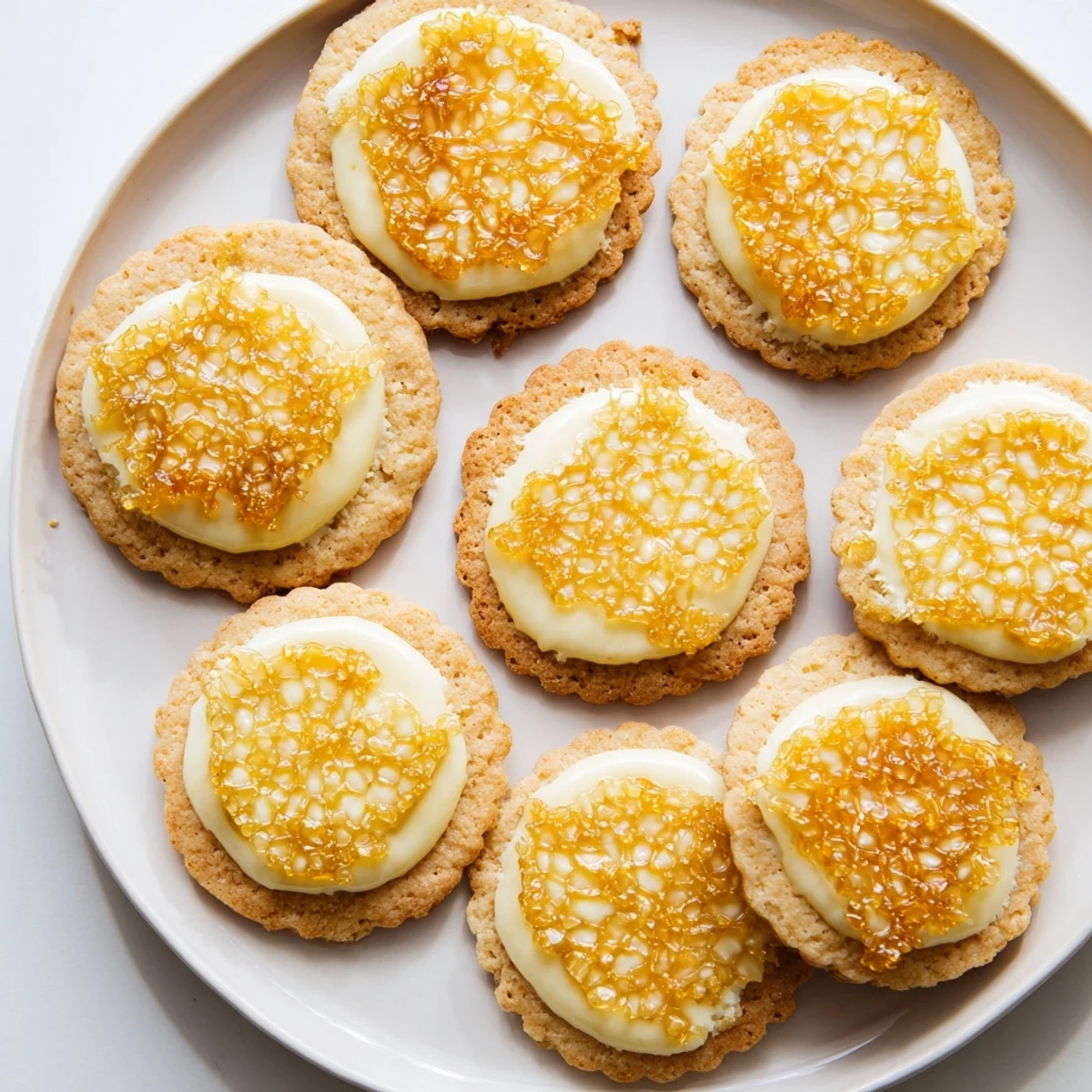 Golden crème brûlée shortbread cookies with cracked caramelized sugar tops on a white plate