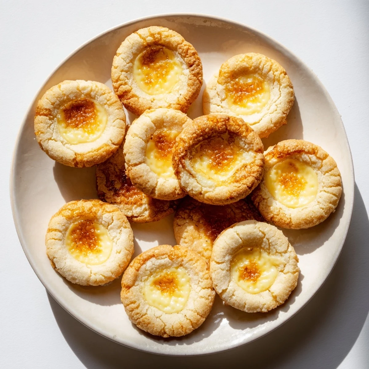 Close-up of crème brûlée shortbread cookies showing crispy burnt sugar layer and soft custard center