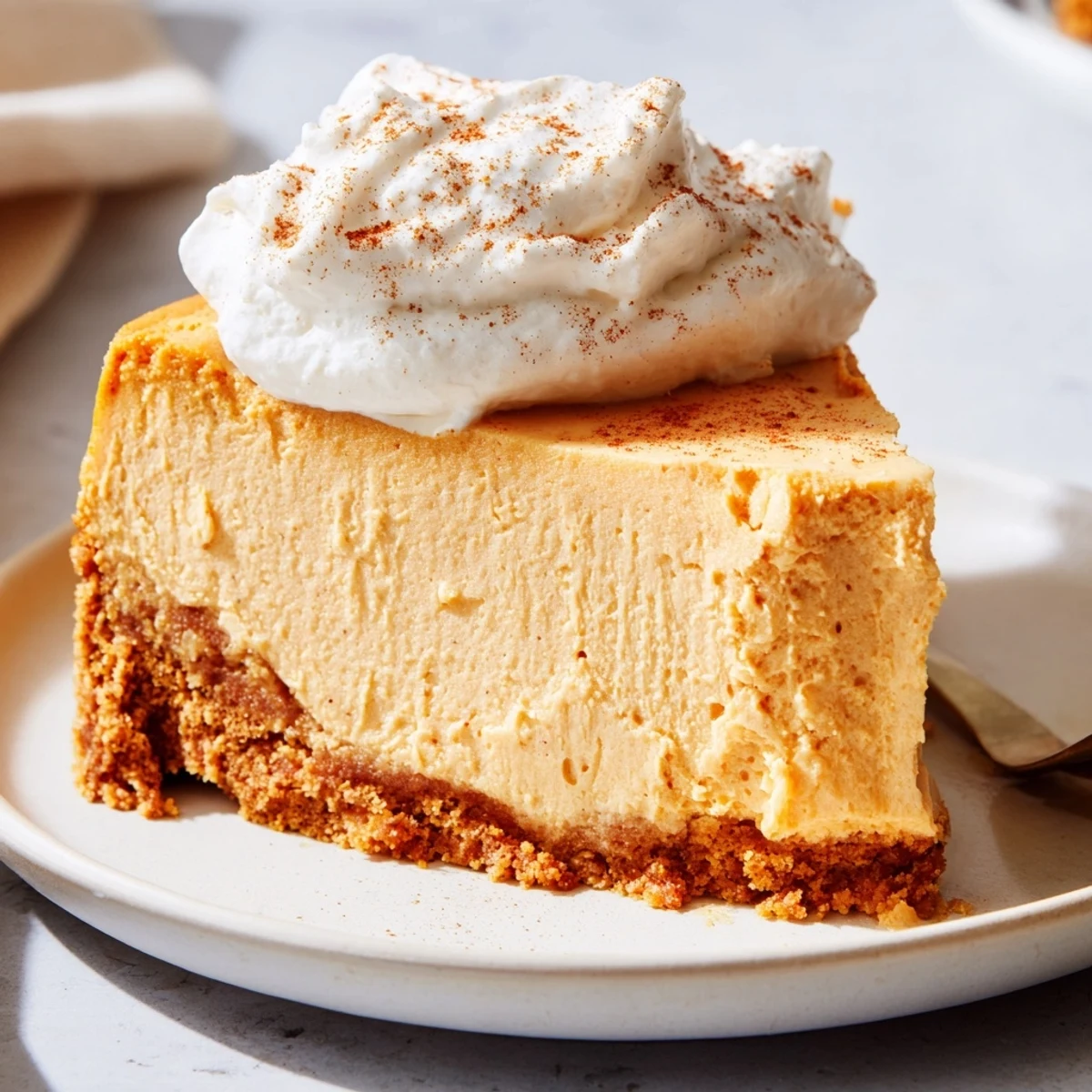 Creamy pumpkin spice Christmas cheesecake topped with fluffy whipped cream on a spiced crust