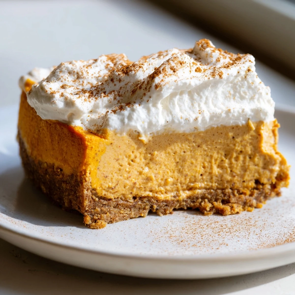 Slice of pumpkin spice Christmas cheesecake showing layers of golden crust and smooth filling