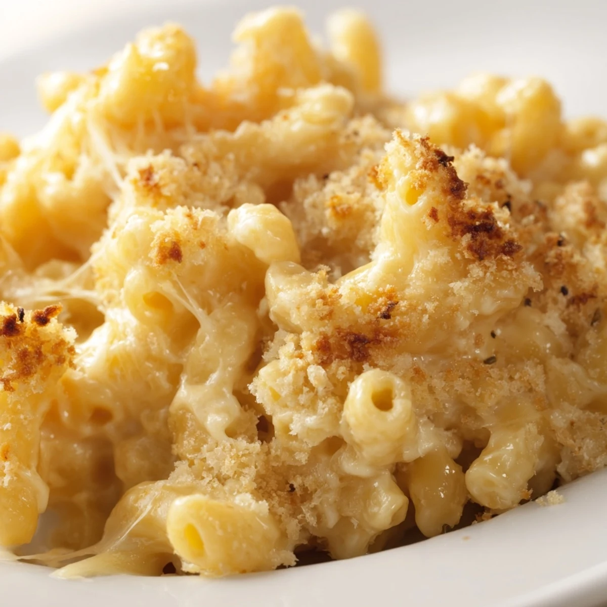 Creamy three cheese baked macaroni with golden crispy panko topping in cast iron skillet