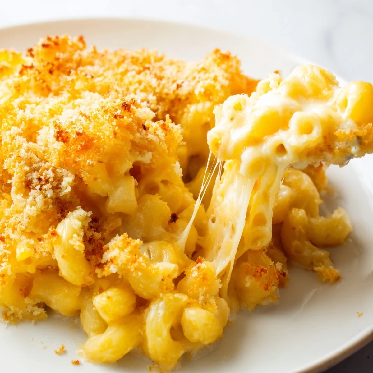 Bubbling three cheese baked macaroni served steaming hot from the oven with melted cheese