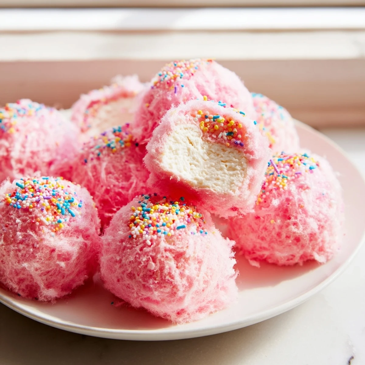 Pink cotton candy cheesecake puff balls on a white serving plate with sprinkles