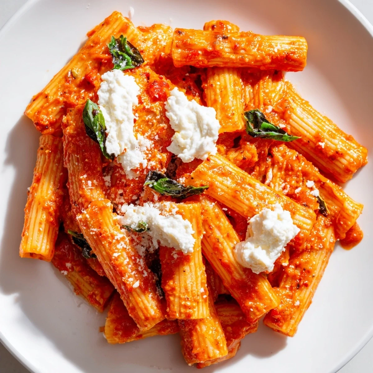 Creamy tomato garlic ricotta penne topped with fresh basil and grated Parmesan cheese