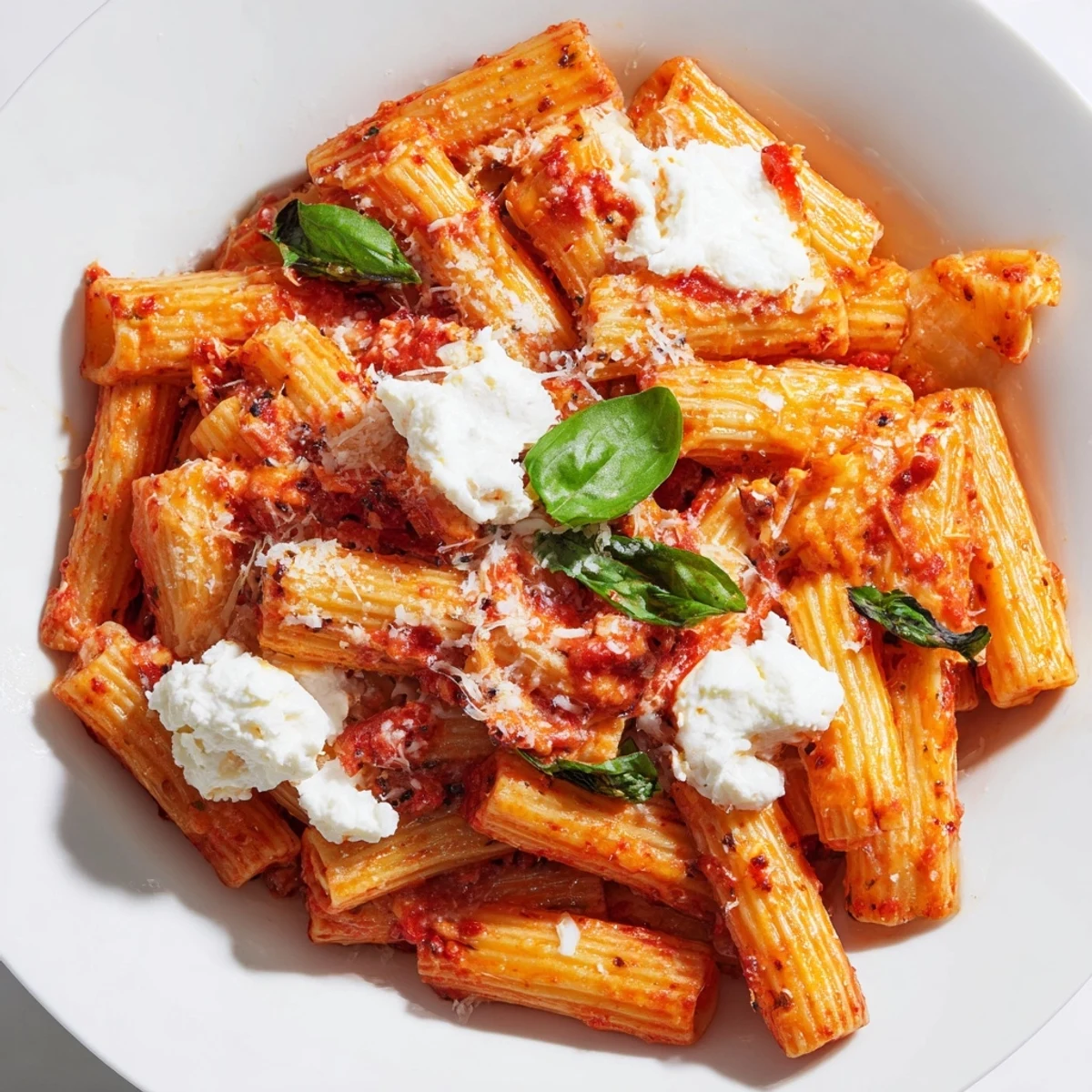 Tender penne pasta coated in rich tomato sauce with creamy ricotta and aromatic basil