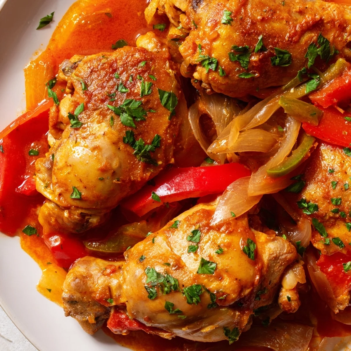 Tender Senegalese chicken simmered in rich tomato sauce with colorful bell peppers and aromatic spices
