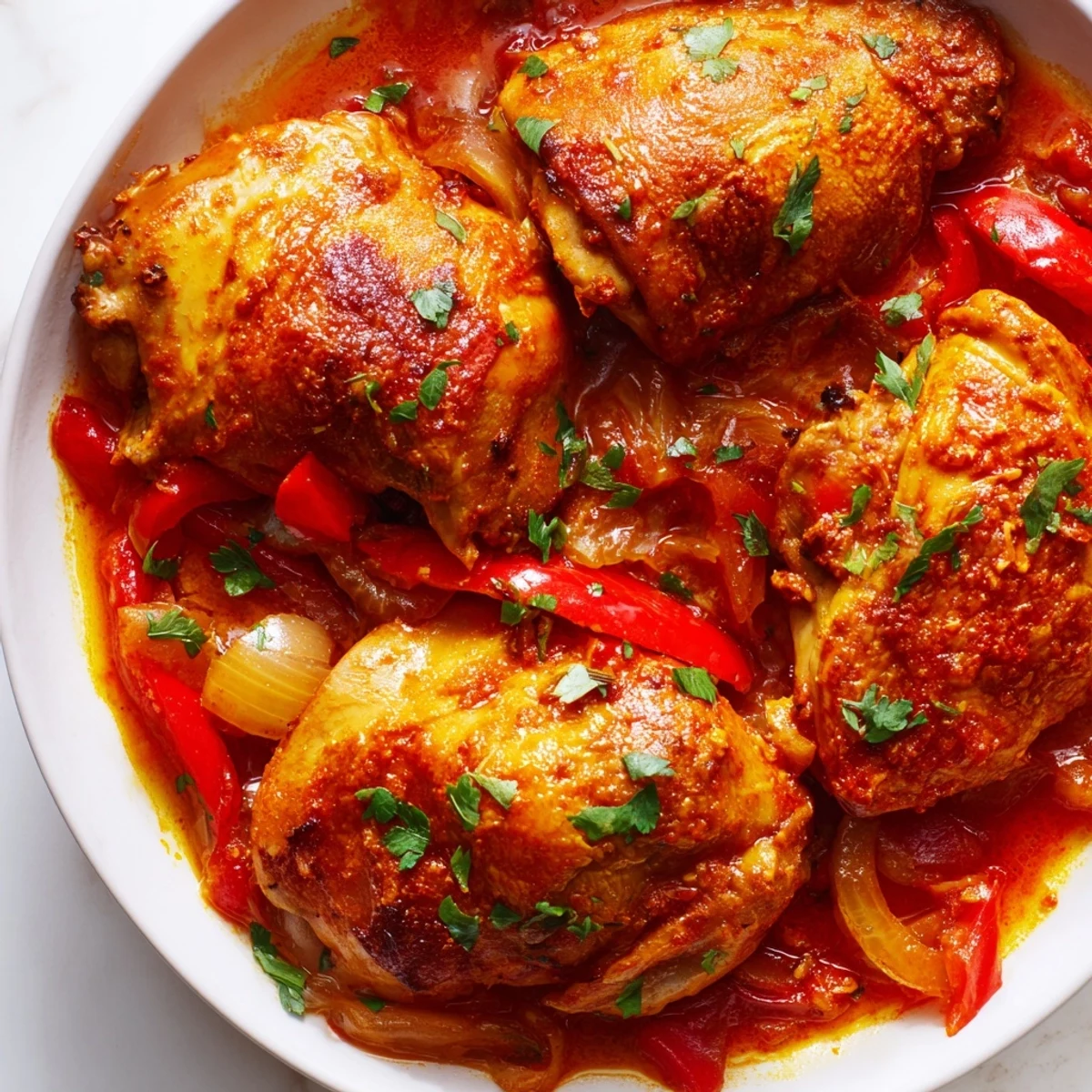Golden brown Senegalese chicken thighs in thick spiced tomato gravy served over fluffy white rice