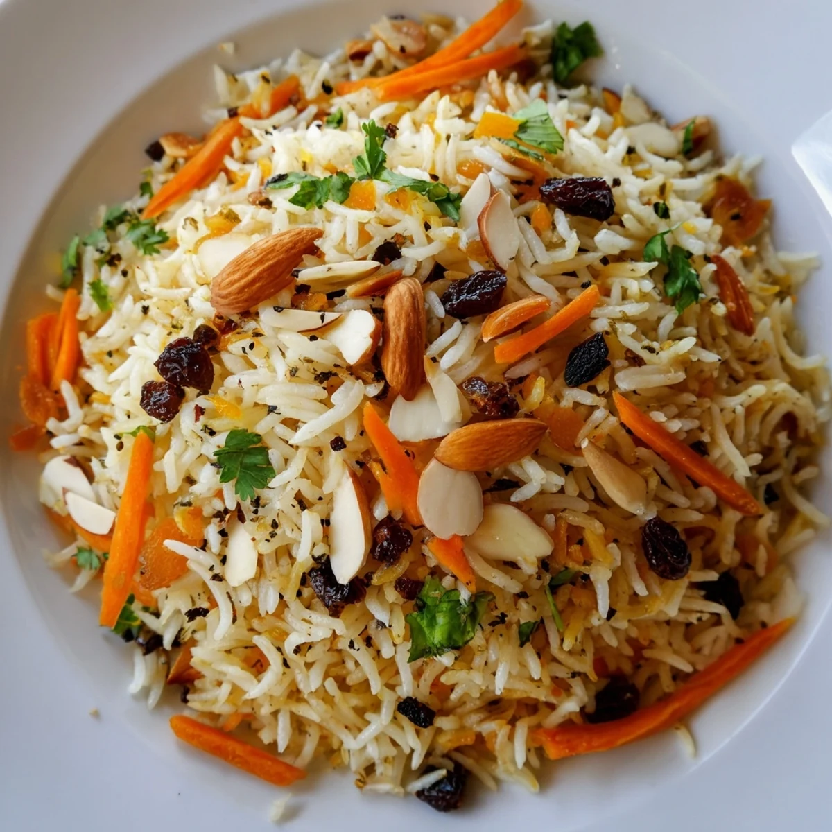 Golden Afghan rice topped with caramelized carrots, plump raisins, and toasted almond slices.