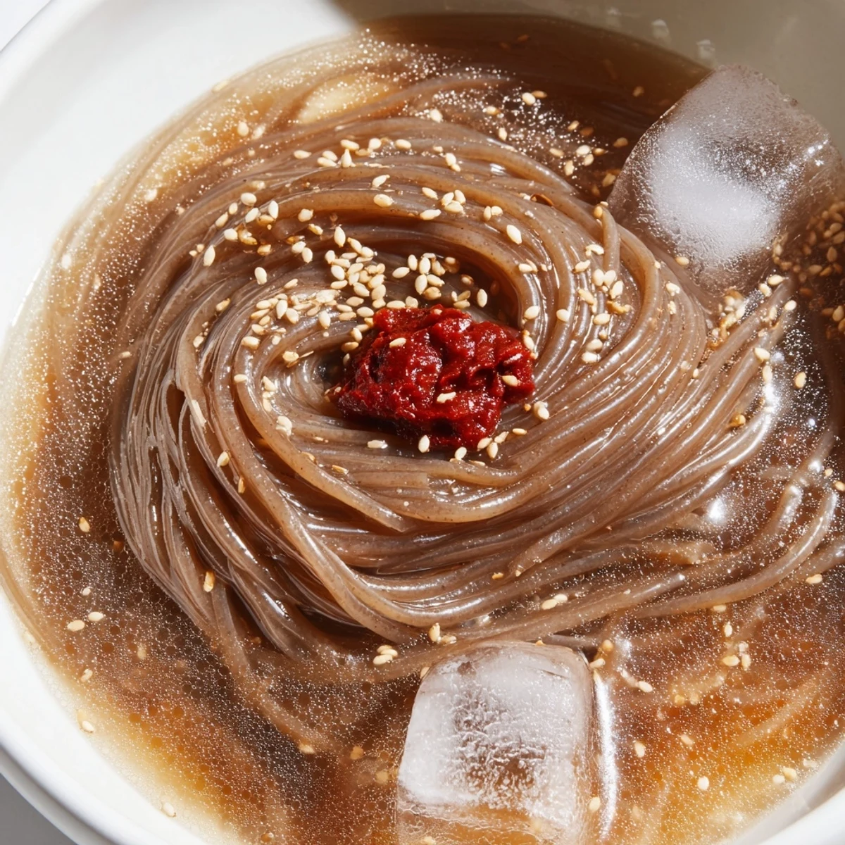 Chewy Korean naengmyeon noodles float in icy tangy broth topped with crisp cucumber slices