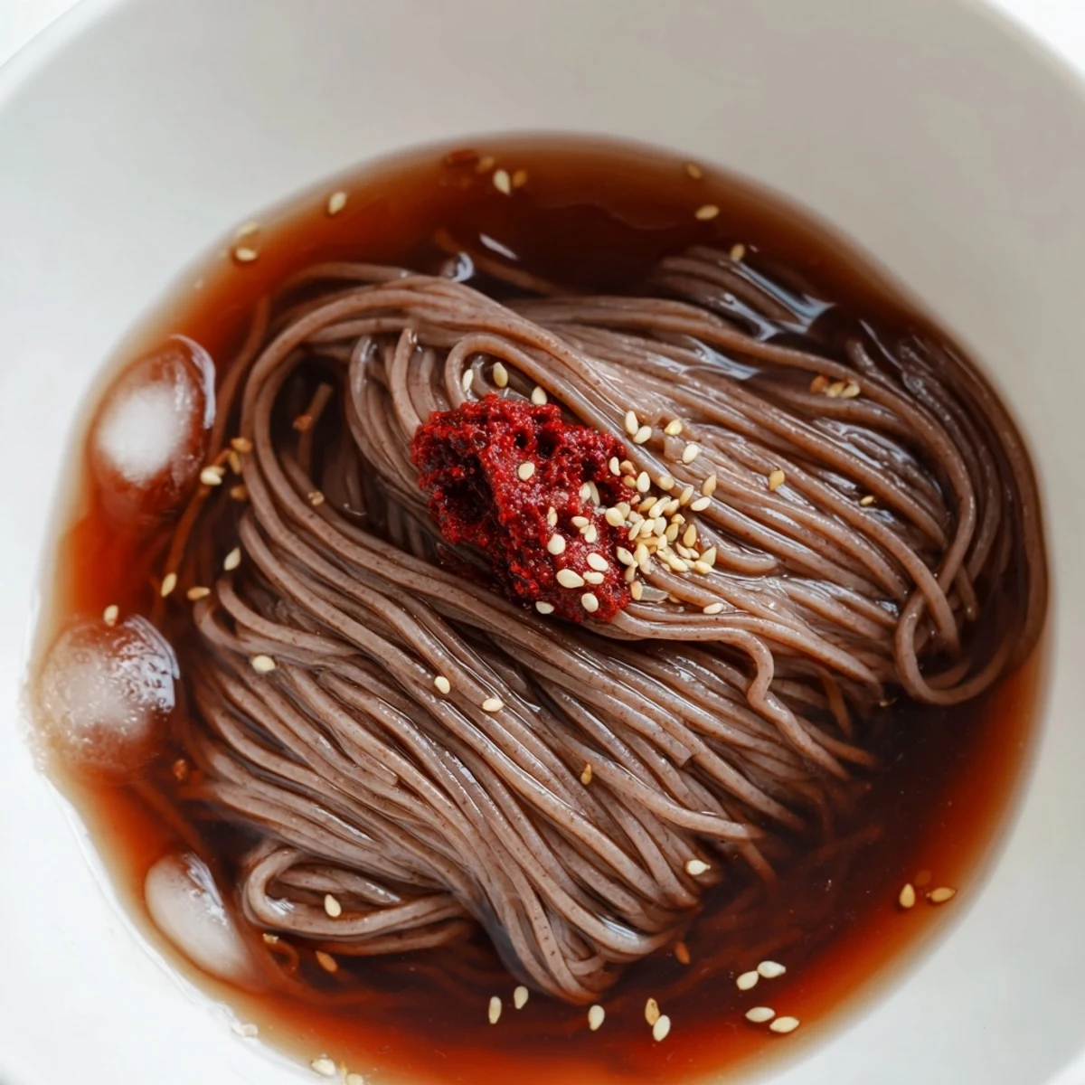 Cold Korean naengmyeon in a chilled bowl garnished with Asian pear and halved egg