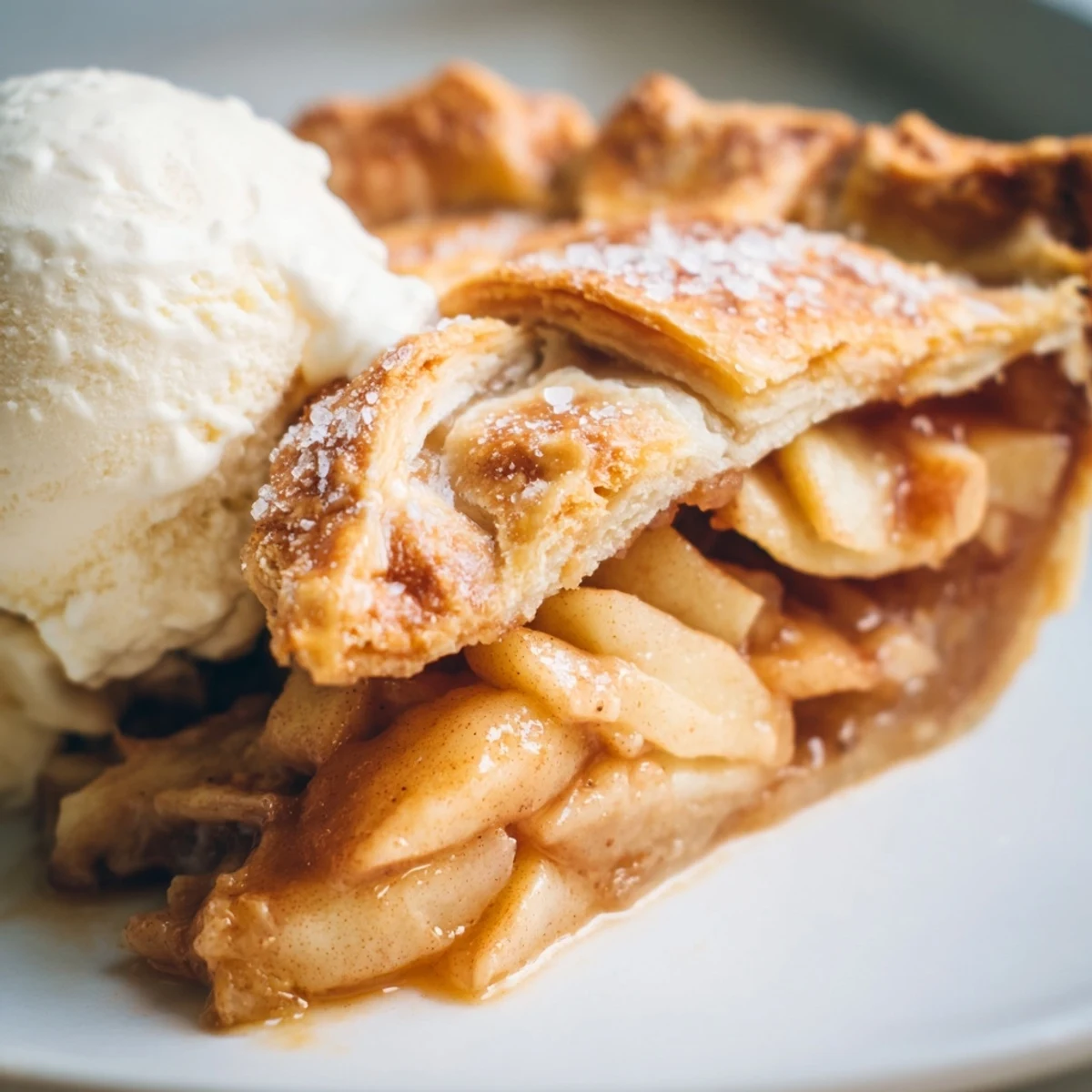 Golden homemade apple pie with flaky crust served warm on a rustic ceramic plate