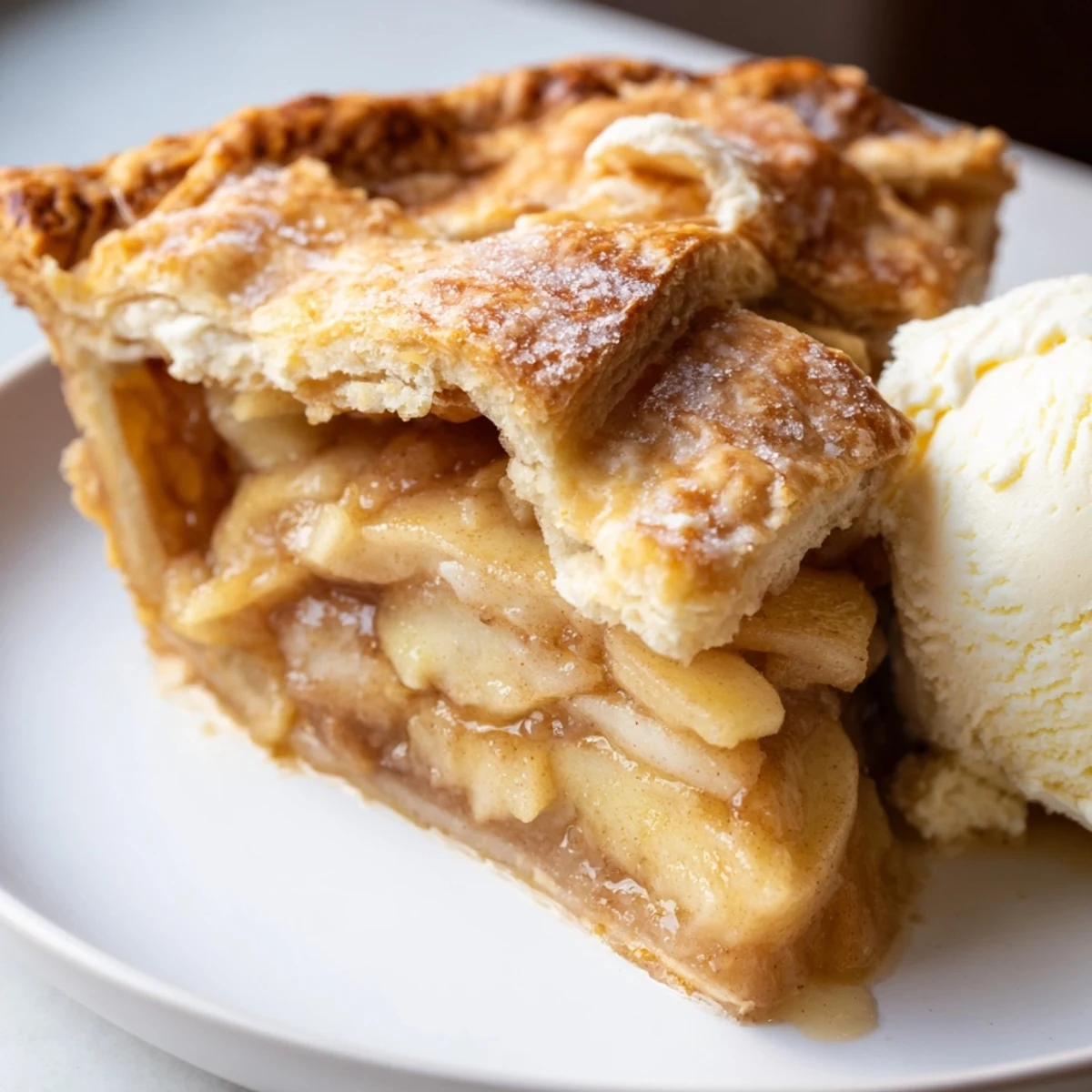Classic apple pie slice revealing tender cinnamon spiced apples inside buttery golden pastry