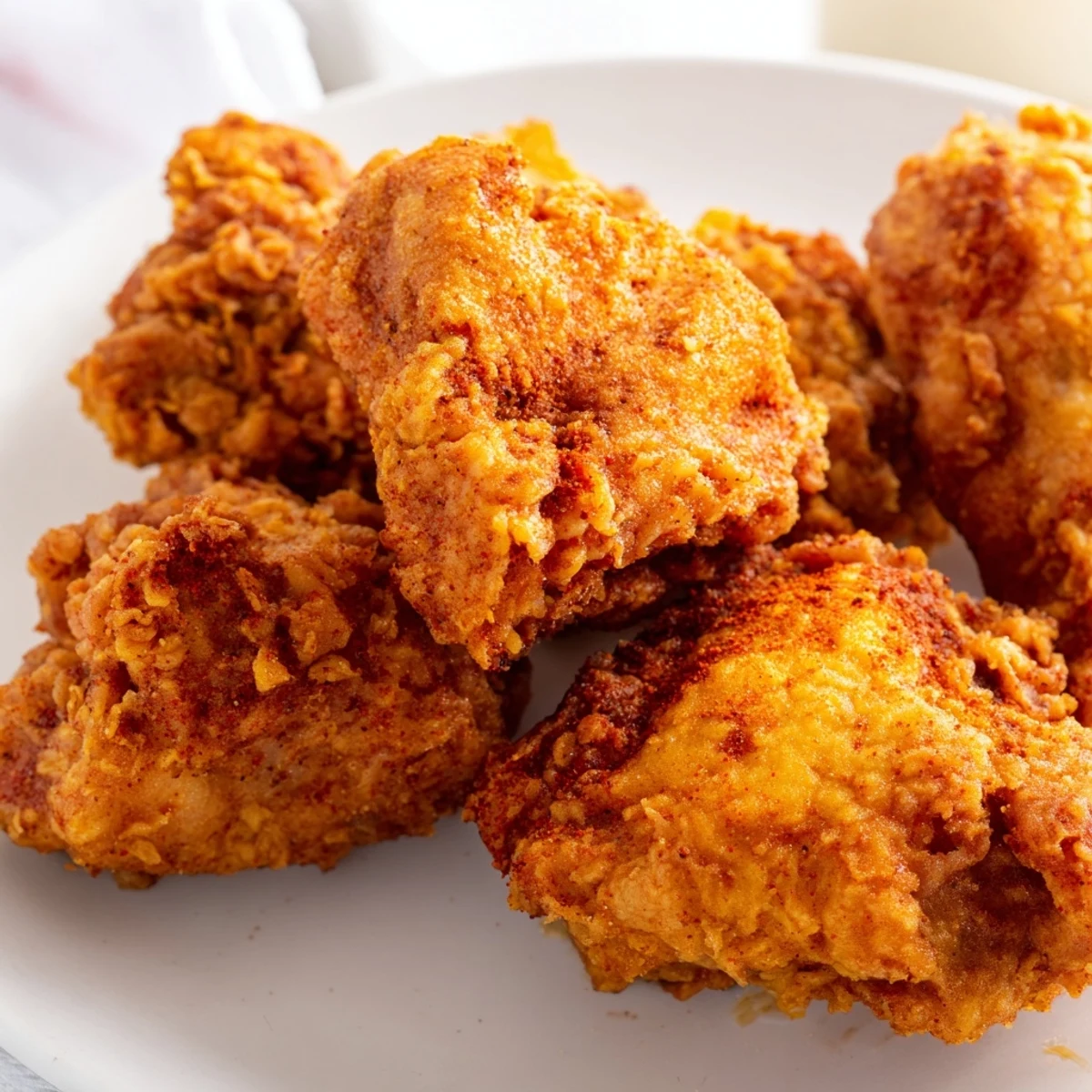 Crispy golden fried chicken pieces piled on a rustic wooden serving board with herb garnish