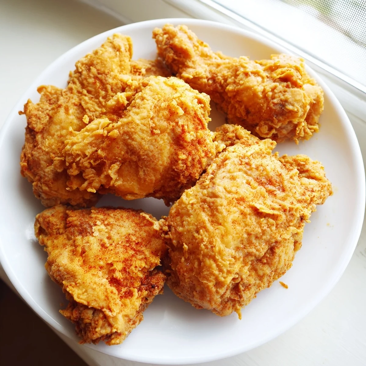 Juicy homemade fried chicken with crunchy coating served alongside creamy coleslaw and lemon wedges
