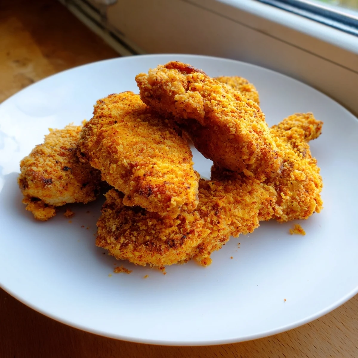Golden brown fried chicken fresh from the fryer dripping with savory seasoned crust and steam