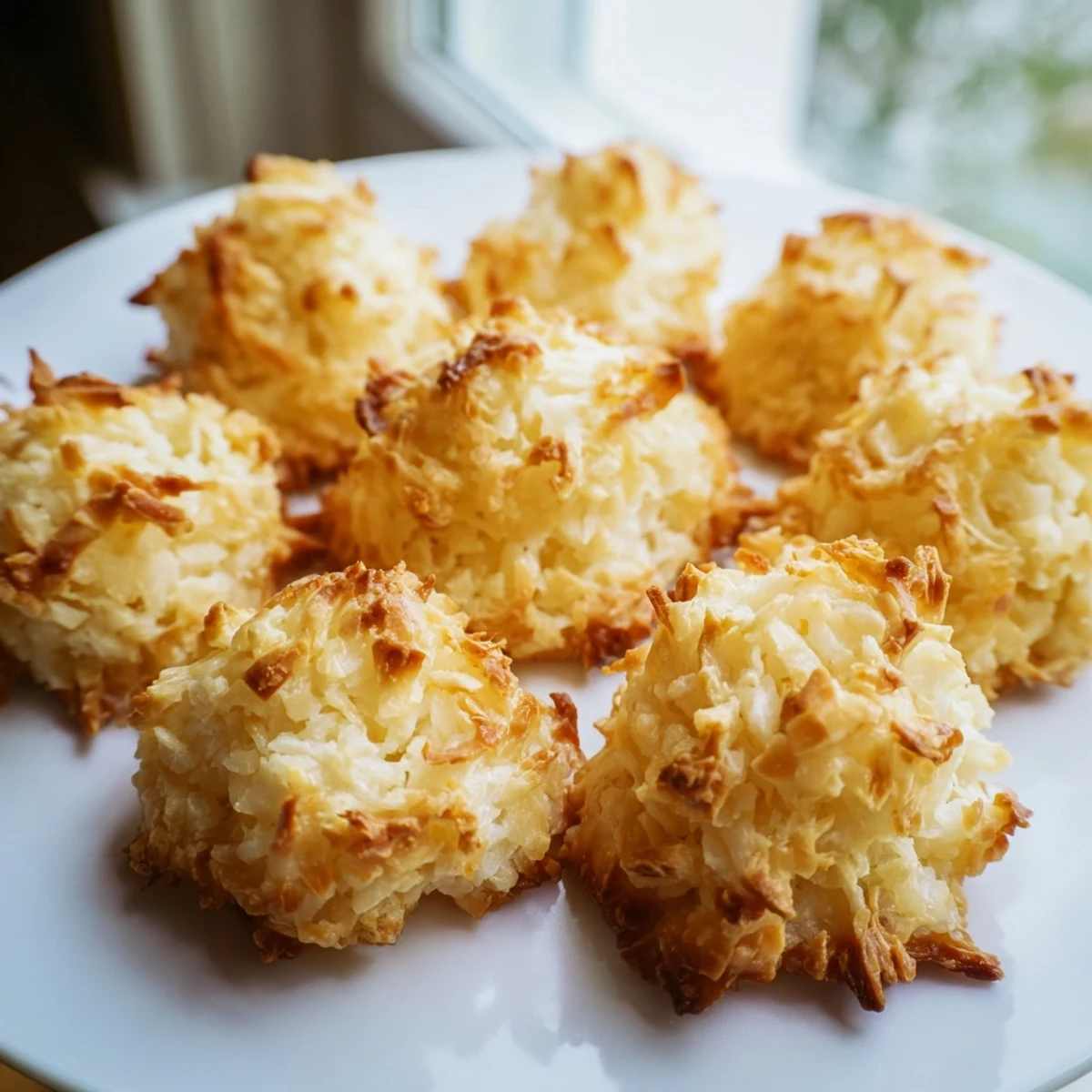 Golden chewy coconut macaroons with crispy toasted edges on a white parchment-lined baking sheet