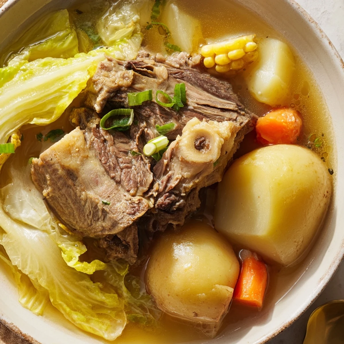 Filipino Bulalo Beef Shank Soup with tender meat, corn, and vegetables in steaming clear bone broth