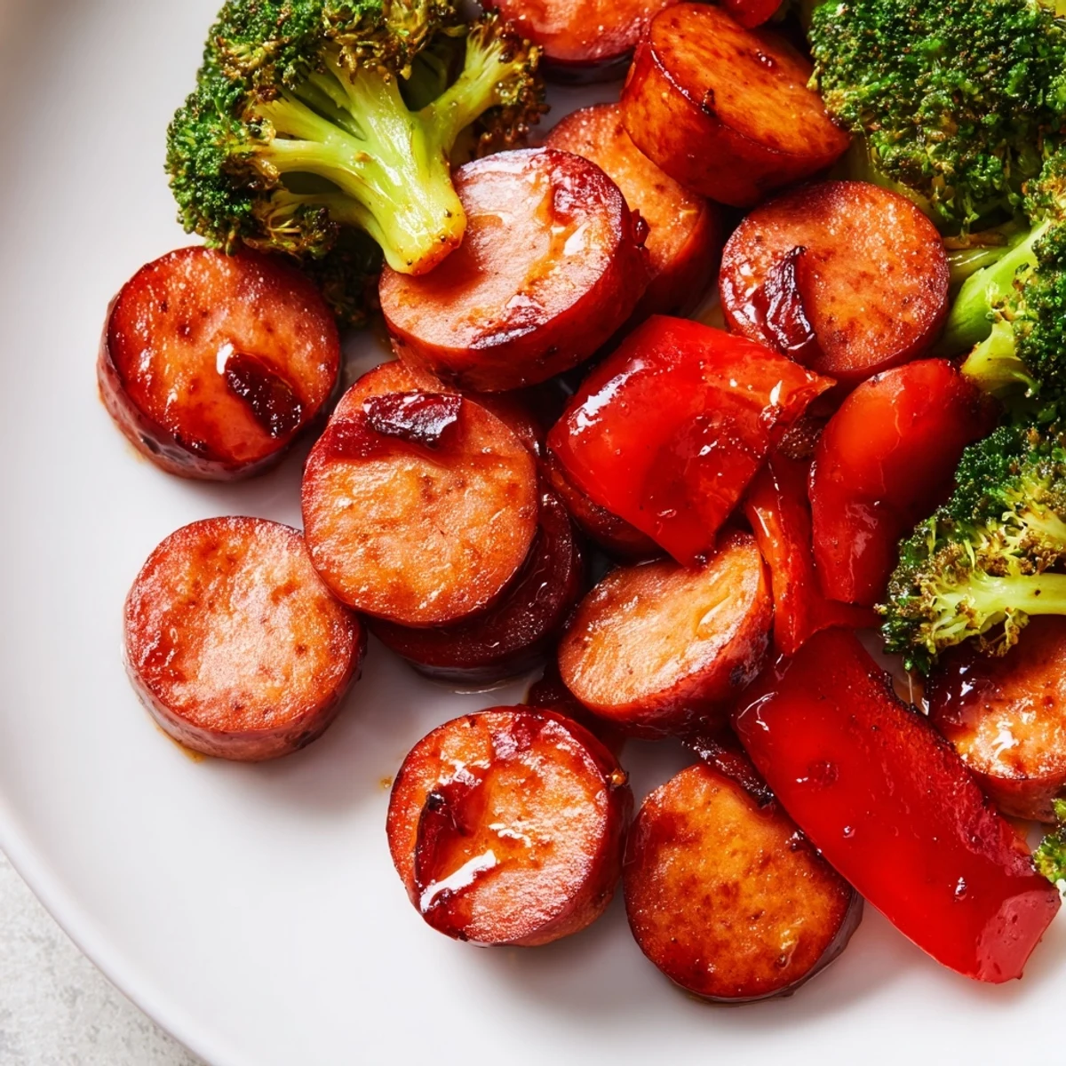 Golden honey garlic kielbasa with roasted vegetables glistening on a sheet pan