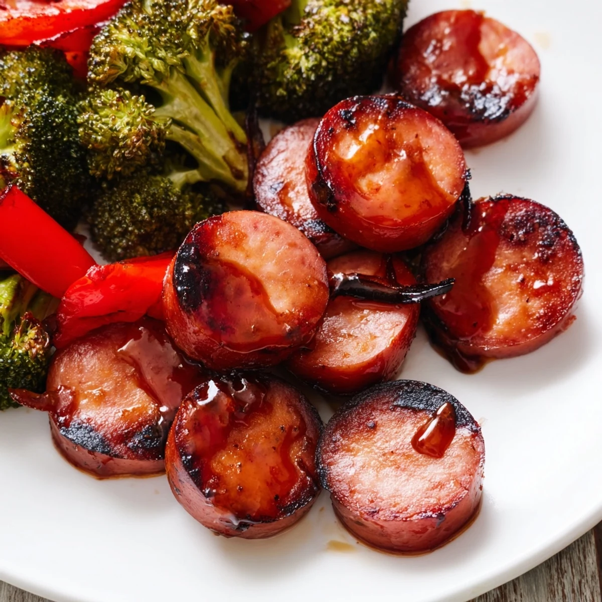 Smoky sliced kielbasa nestled among colorful tender broccoli bell peppers and carrots