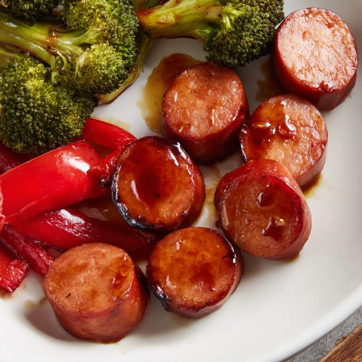 Caramelized honey garlic kielbasa veggies scattered across a parchment lined baking sheet
