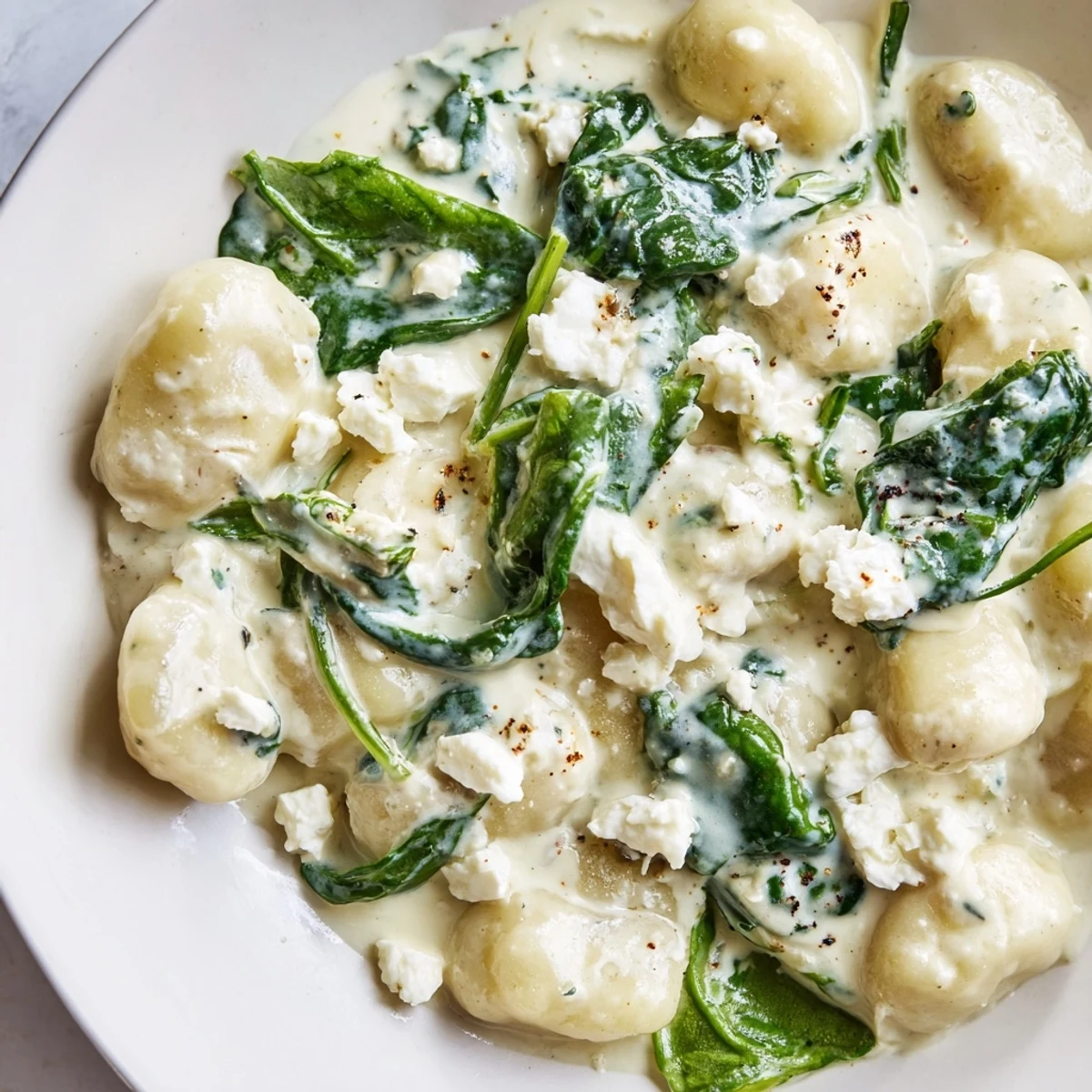 Soft potato gnocchi with spinach and feta swimming in a velvety cream sauce