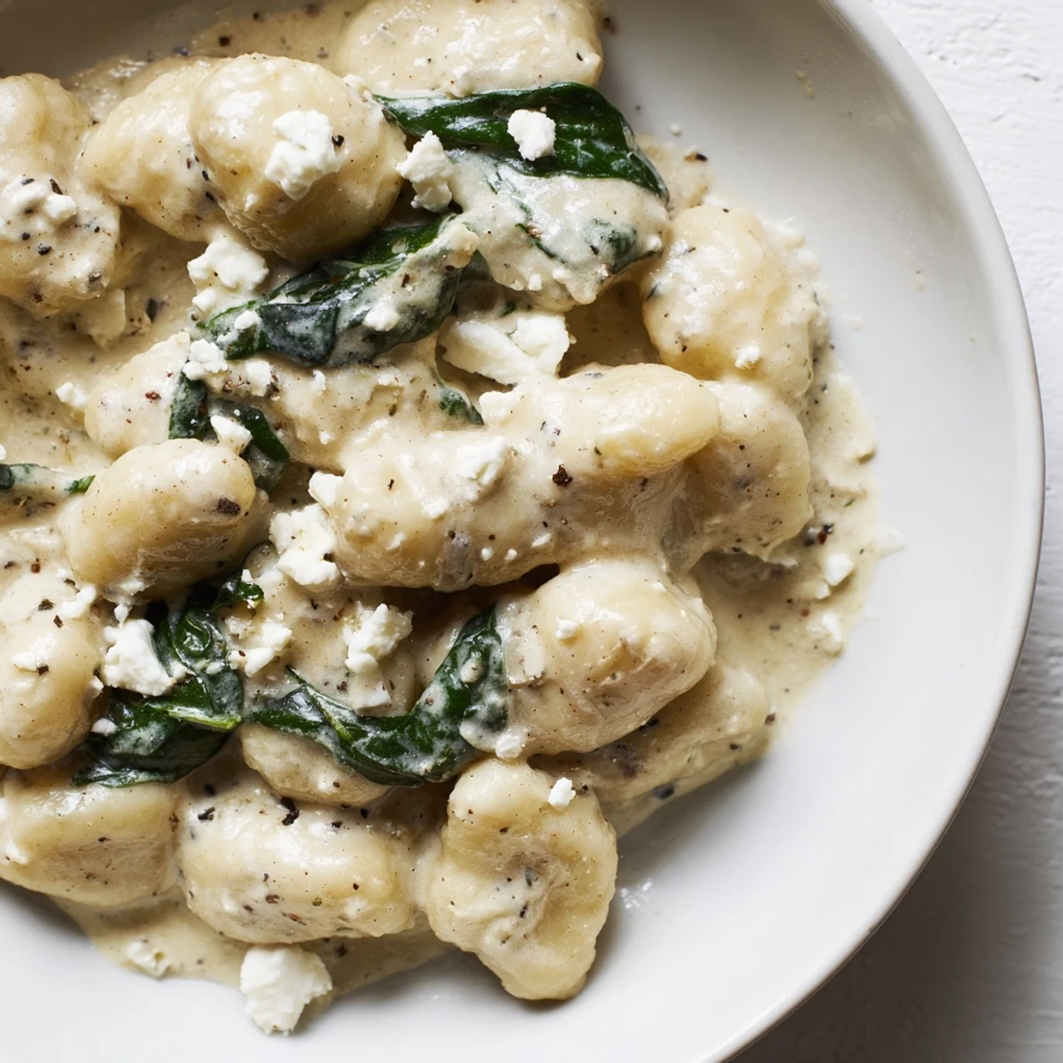 Creamy gnocchi with spinach and feta topped with crumbled cheese and fresh pepper