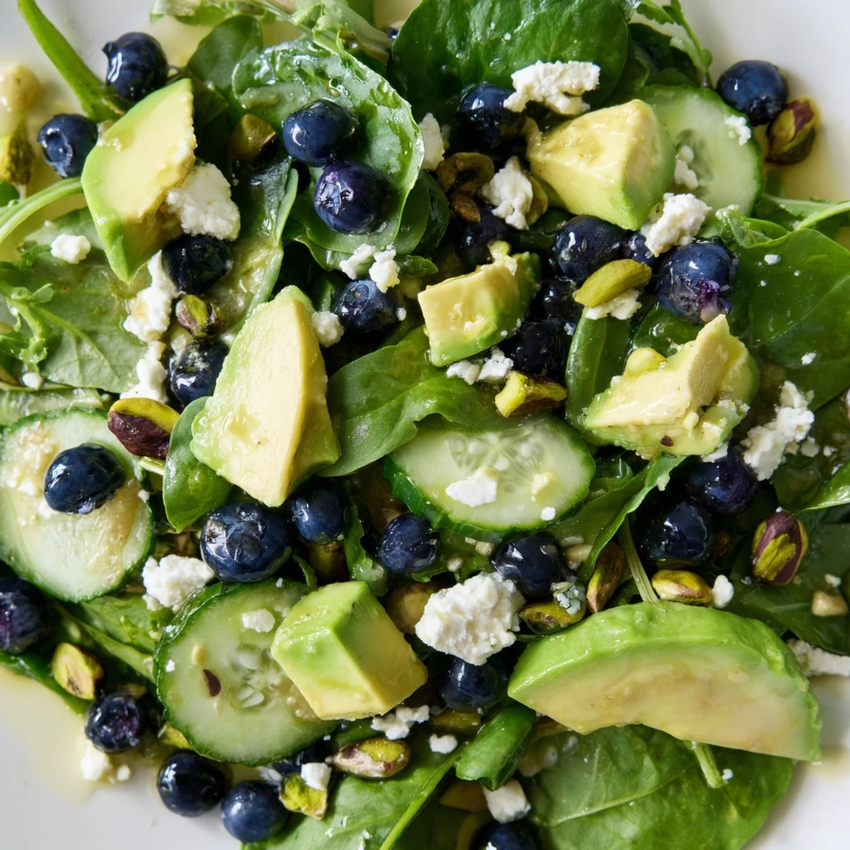 Fresh blueberry pistachio spring salad topped with creamy feta and crisp vegetables on a white plate