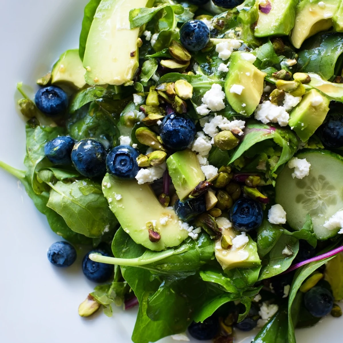 Vibrant blueberry pistachio spring salad featuring mixed greens sliced cucumber and a light citrus dressing
