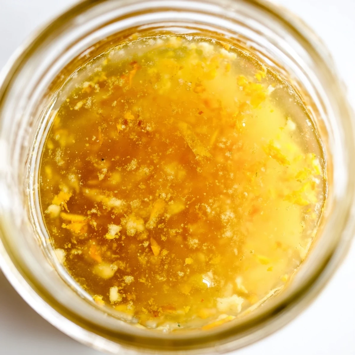 Golden citrus vinaigrette emulsified in a glass jar with fresh orange and lemon zest