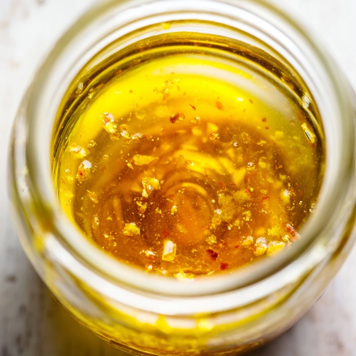 Bright citrus vinaigrette drizzling over crisp mixed greens with shaved vegetables and herbs