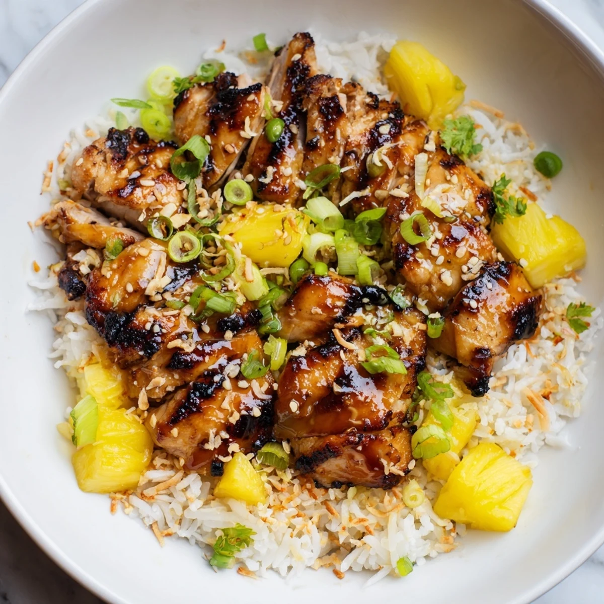 Golden grilled Hawaiian Chicken Coconut Rice topped with fresh pineapple chunks and sliced green onions