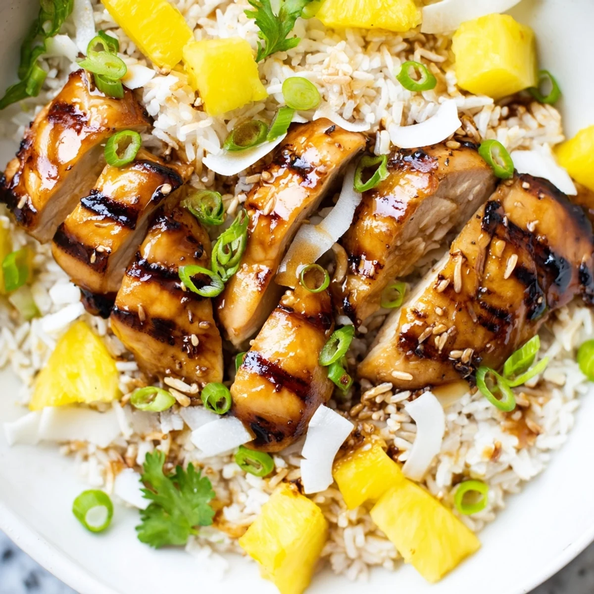 Creamy coconut rice served beneath caramelized Hawaiian Chicken with tropical pineapple and cilantro garnish