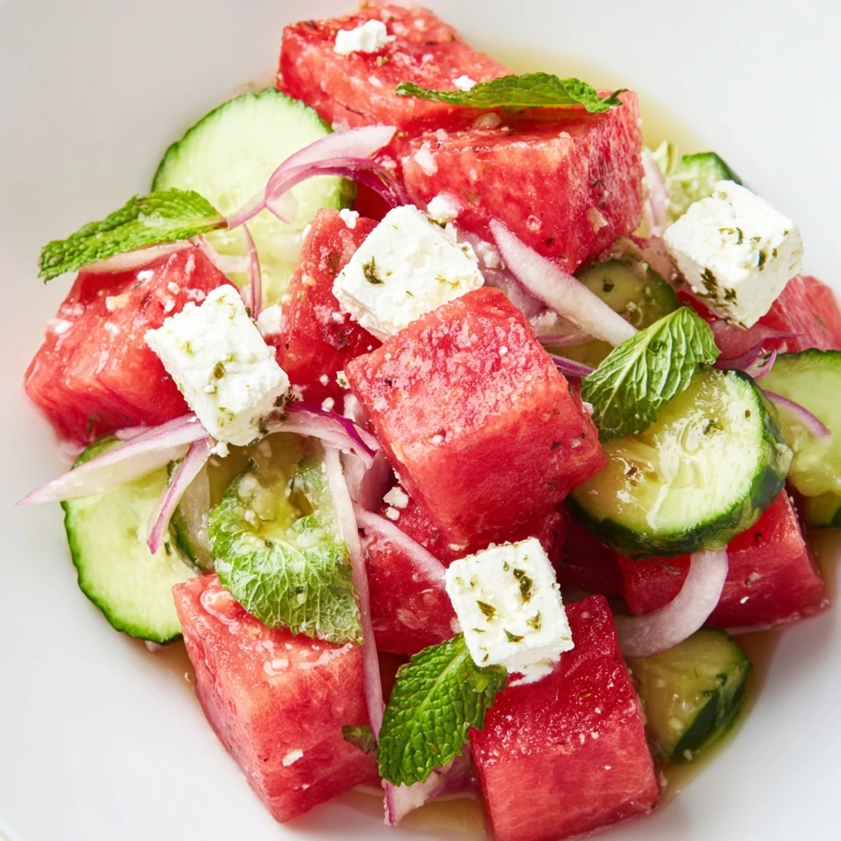Colorful watermelon feta salad with juicy cubes, mint, and lime drizzle