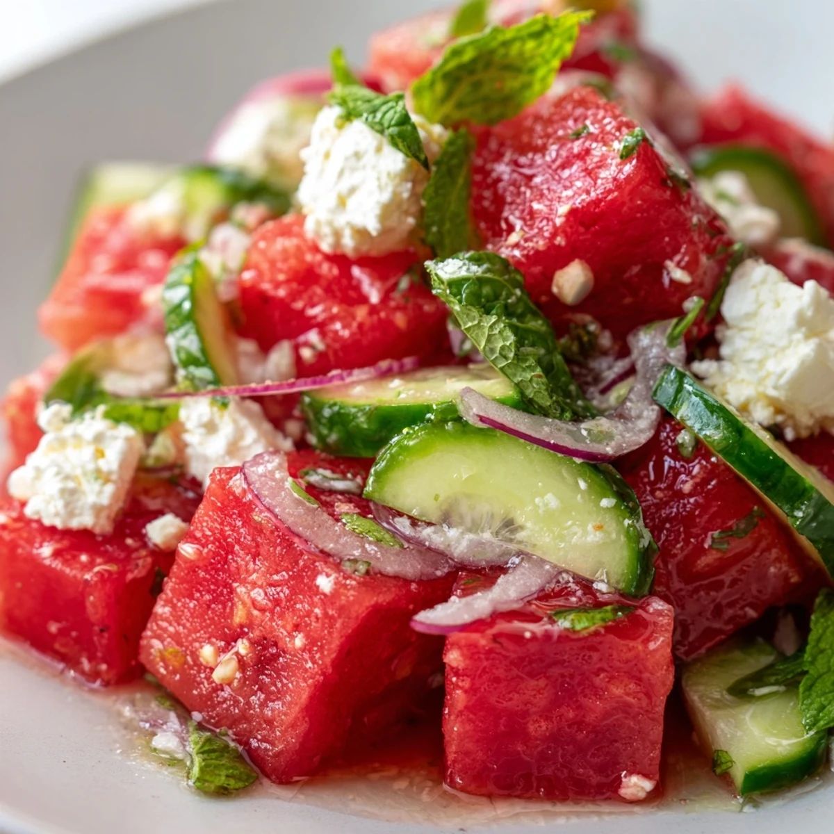 Bright watermelon feta salad served in a bowl with cucumber slices