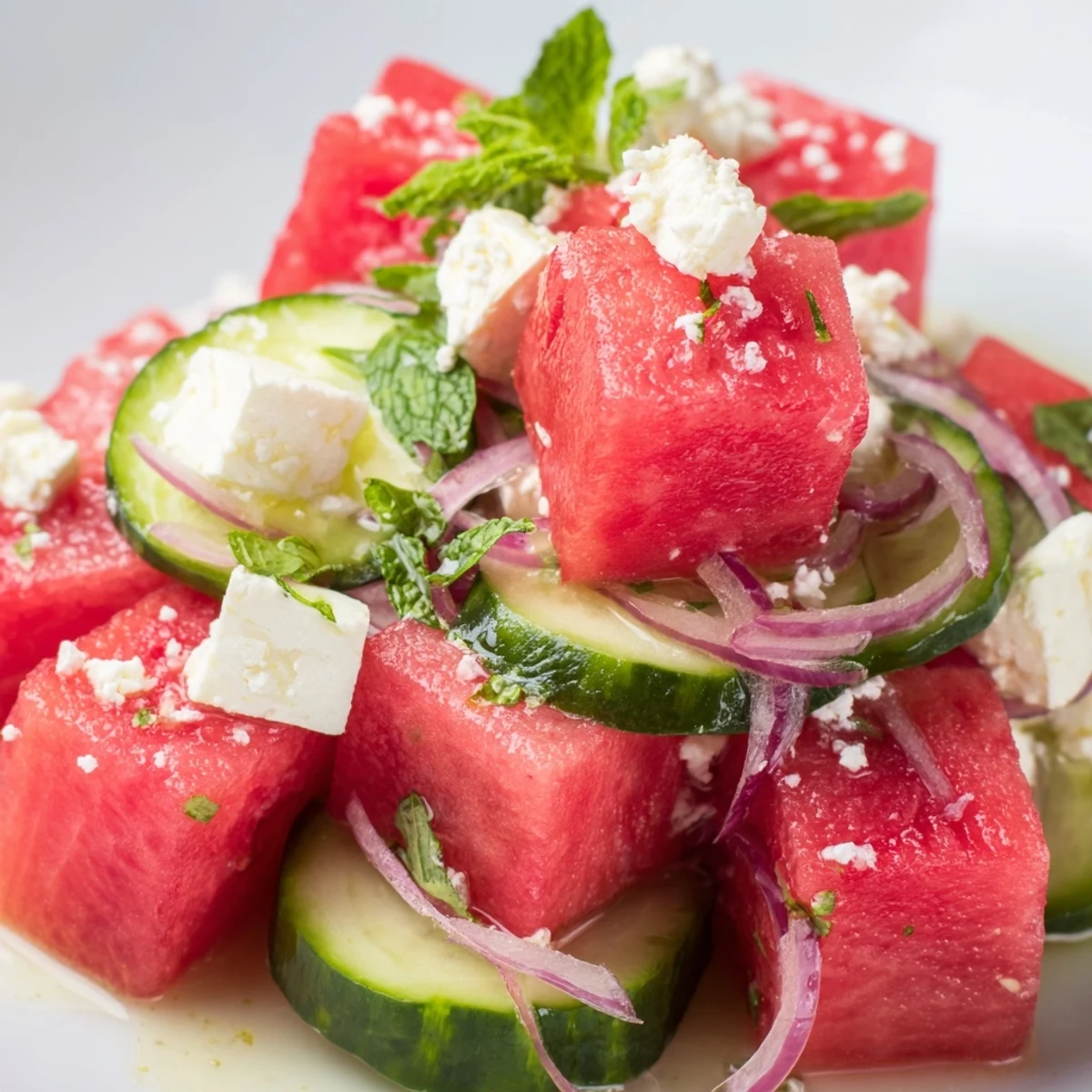 Crisp watermelon feta salad topped with crumbled cheese and fresh herbs