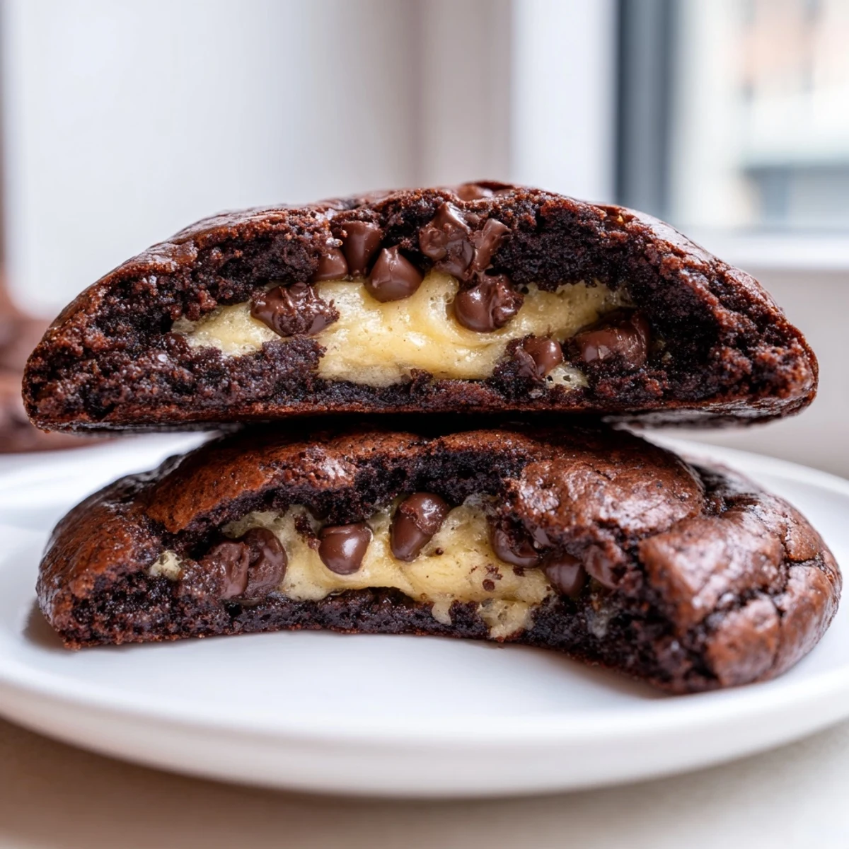 Fudgy brownie cookies stuffed with cookie dough on a rustic baking sheet