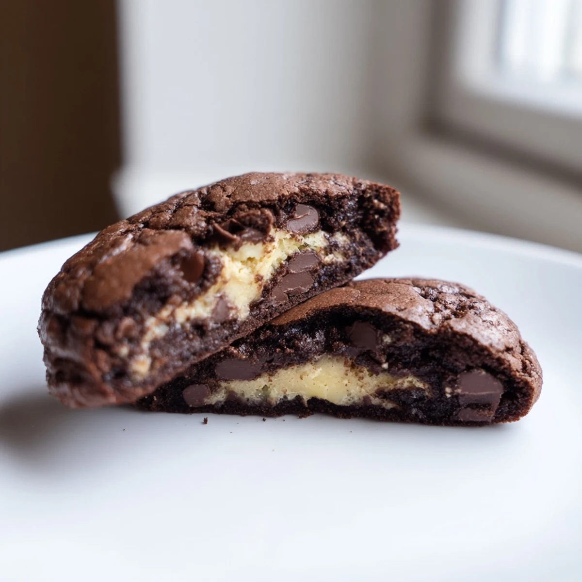 Crackled fudgy brownie cookies stuffed with cookie dough cooling on parchment paper