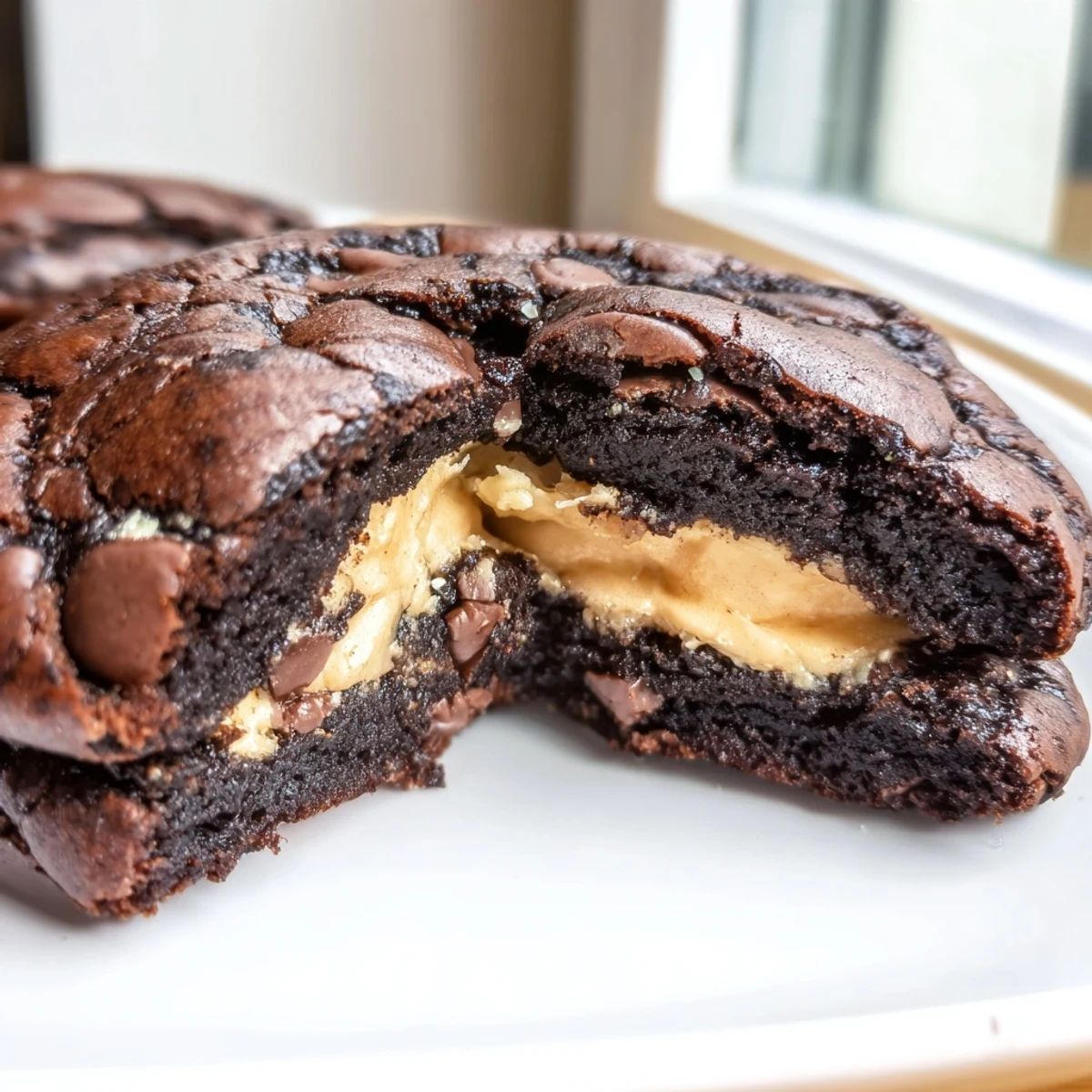 Gooey fudgy brownie cookies stuffed with cookie dough served warm alongside milk