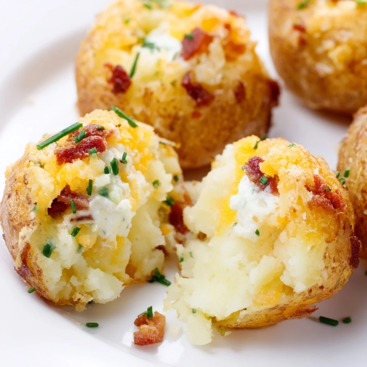 Golden Irish Potato Bites filled with melted cheddar and crispy bacon on a rustic baking sheet