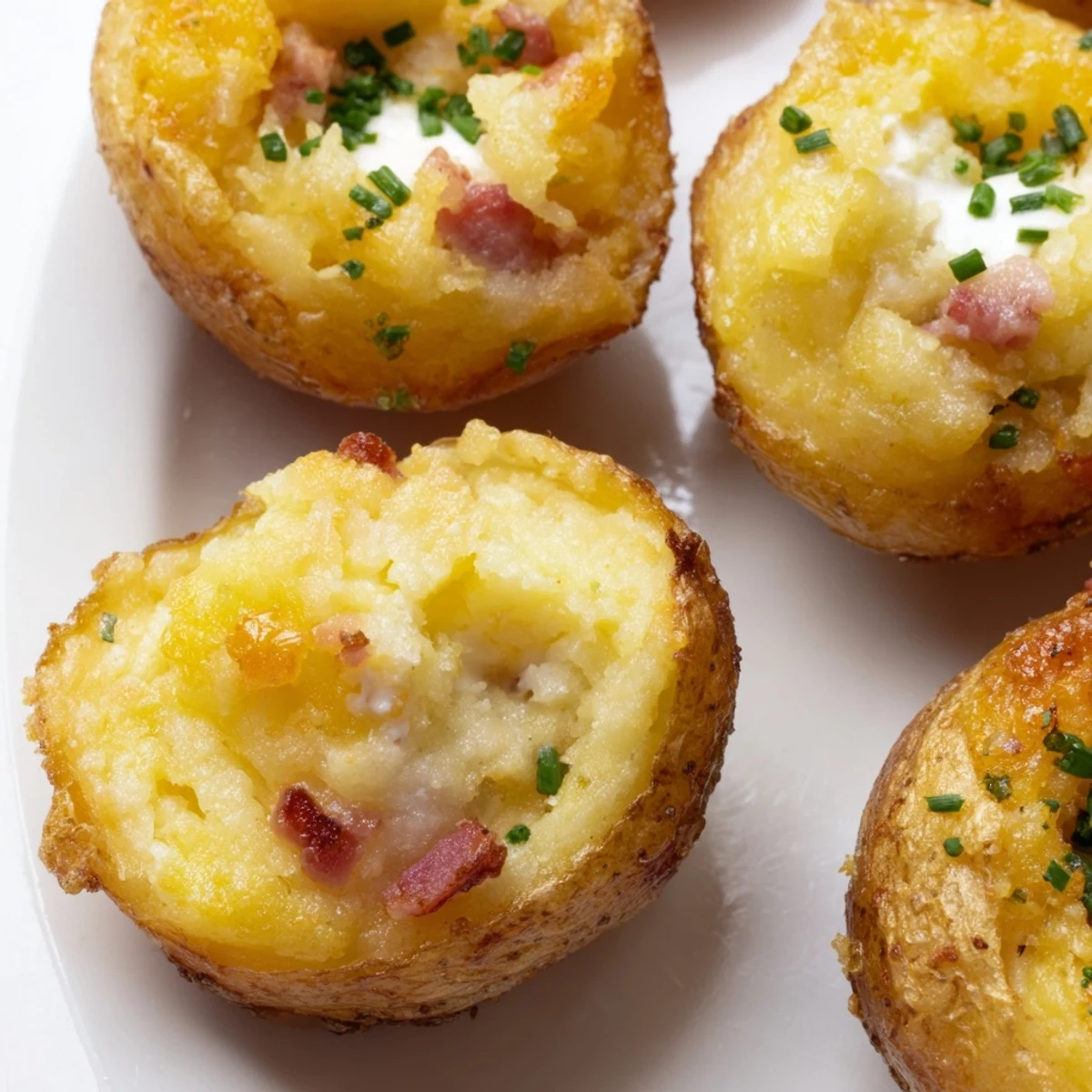 Irish Potato Bites topped with fresh chives arranged on a white serving platter for parties