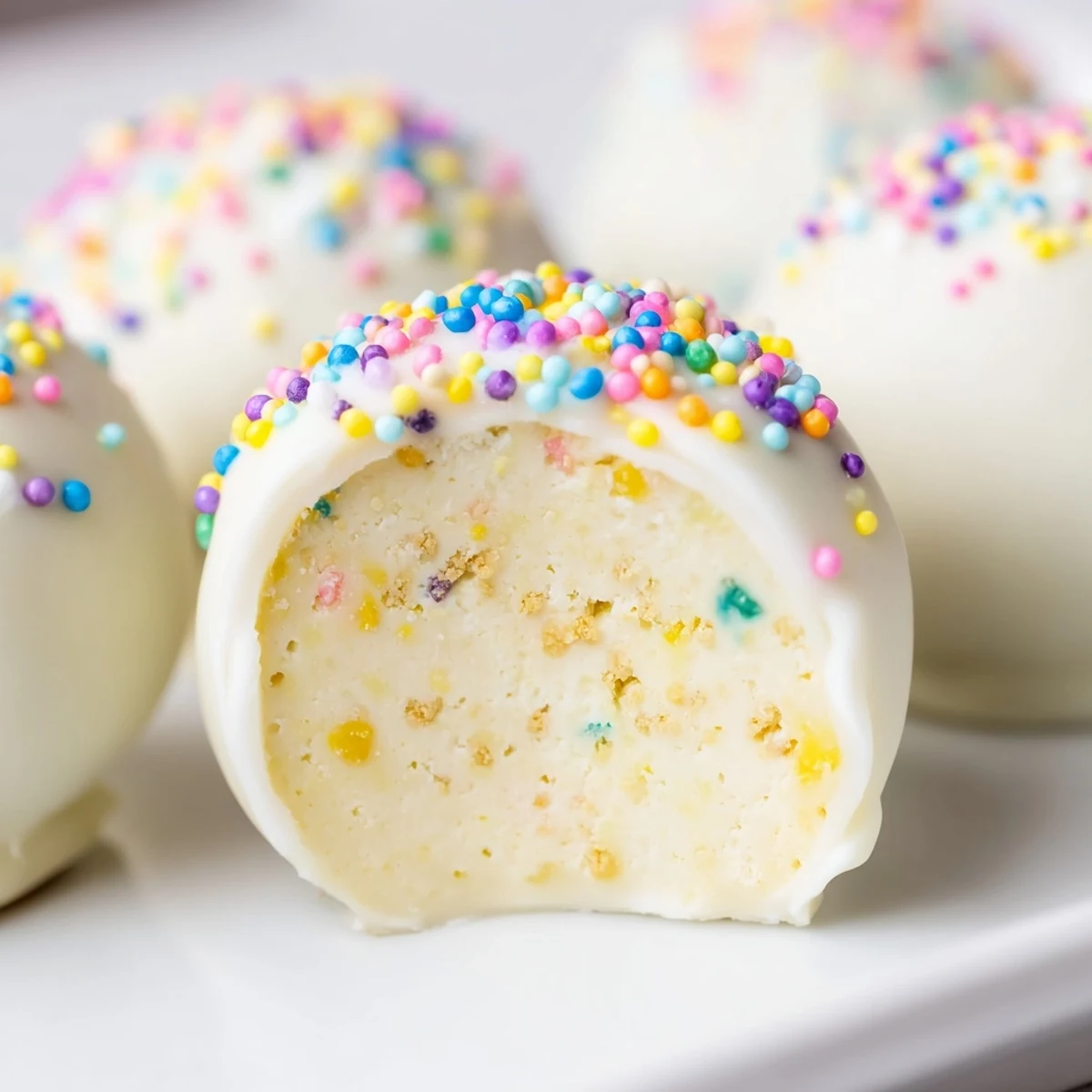 Creamy Banana Pudding Easter Truffles coated in white chocolate with colorful pastel sprinkles