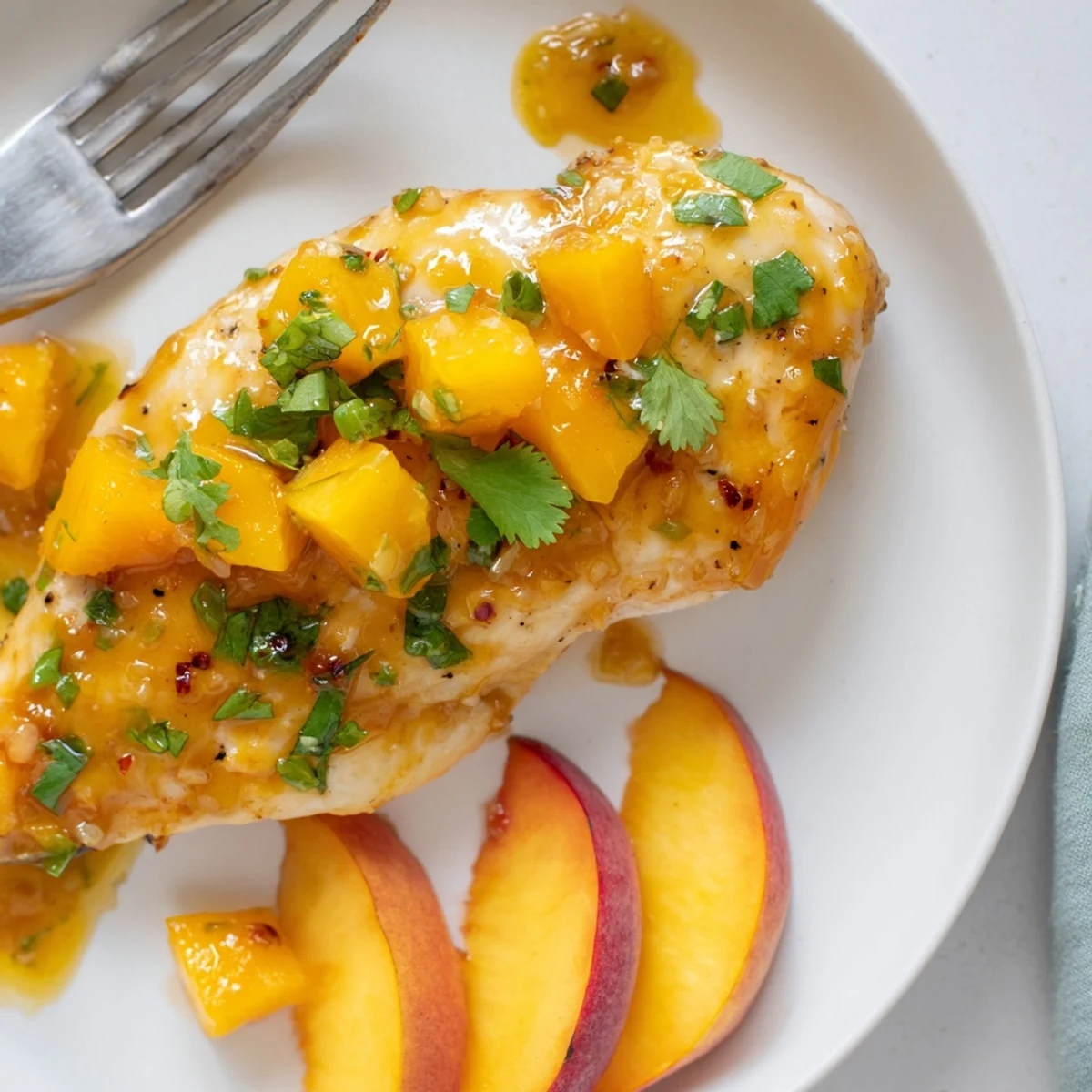 Golden seared jalapeno peach chicken glazed with sweet-spicy sauce and fresh herb garnish